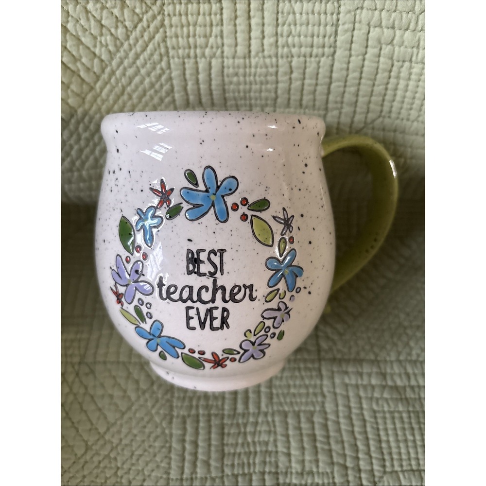 TAG Best Teacher Ever Large Coffee Mug Floral Speckled Green Handle Ceramic Cup